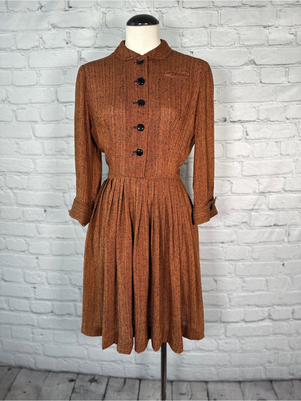 Vintage 50s Shirtdress Orange Black Flecked Rayon Fit Flare Details! XS